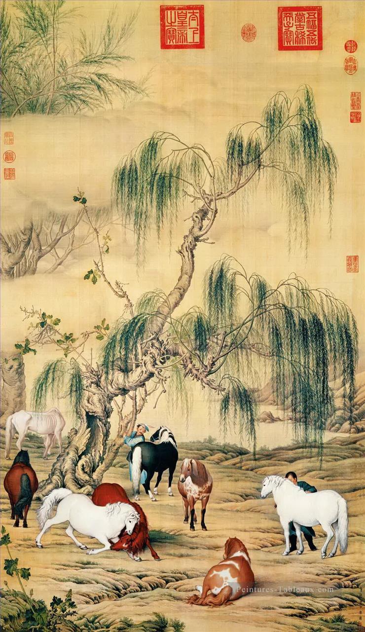 Lang brillant huit grands chevaux vieux Chine encre Giuseppe Castiglione ancienne Chine à l’encre Peintures à l'huile
